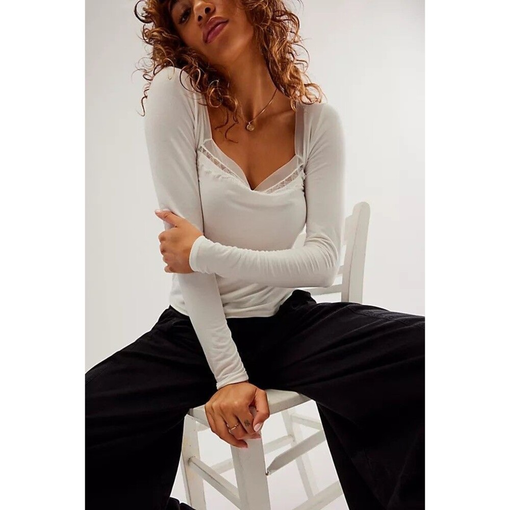 Free People Lowkey Layering Top Lace Mesh Long Sleeve S Dressy Casual work